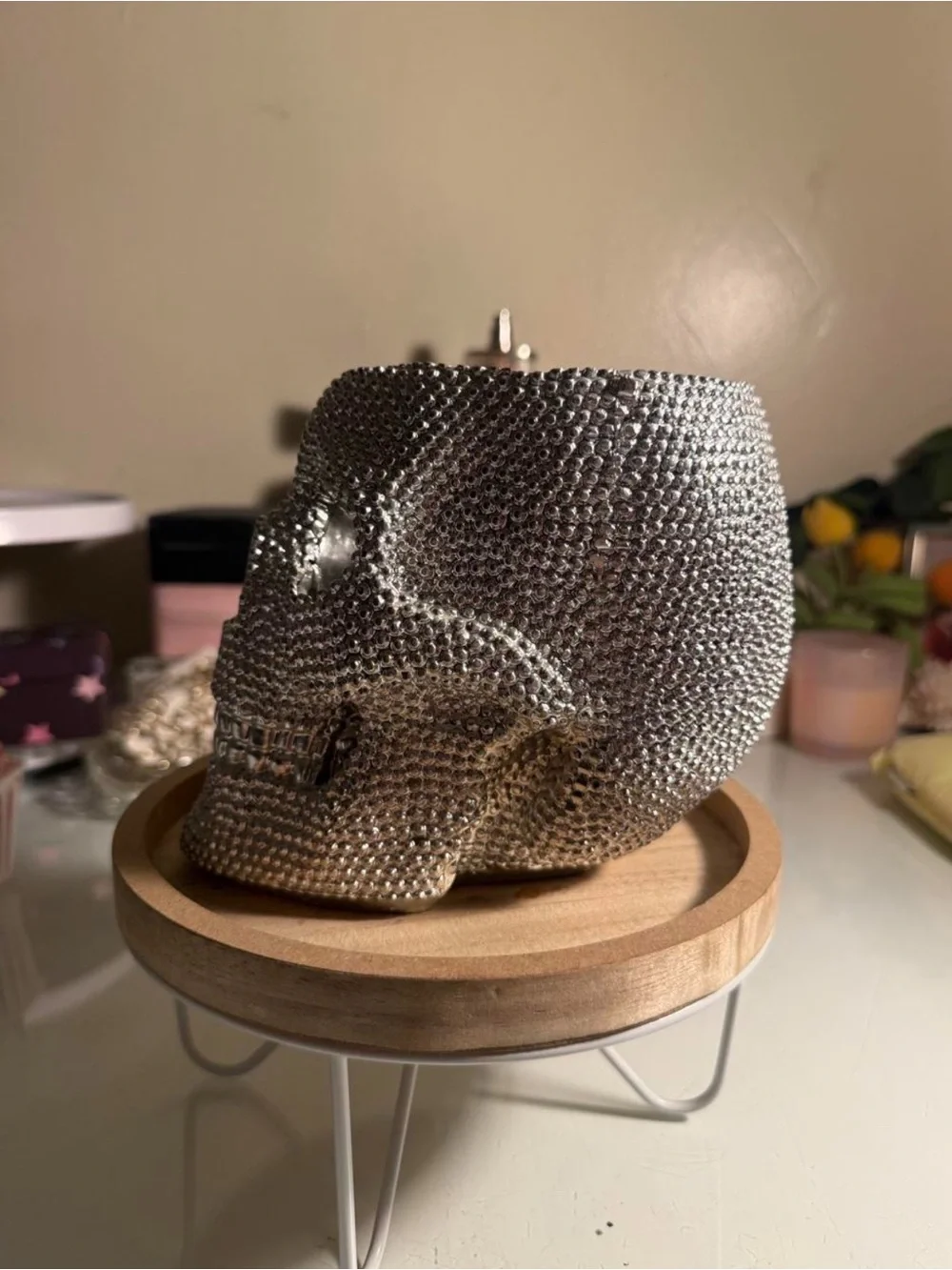 Silver Rhinestone Skull Decorative Holder